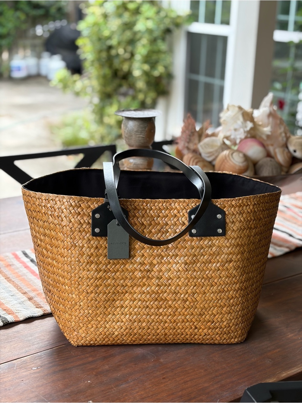 All Saints NWT’s Mosley Almond Beige Straw Tote w/ Black Leather Handles, Pouch
